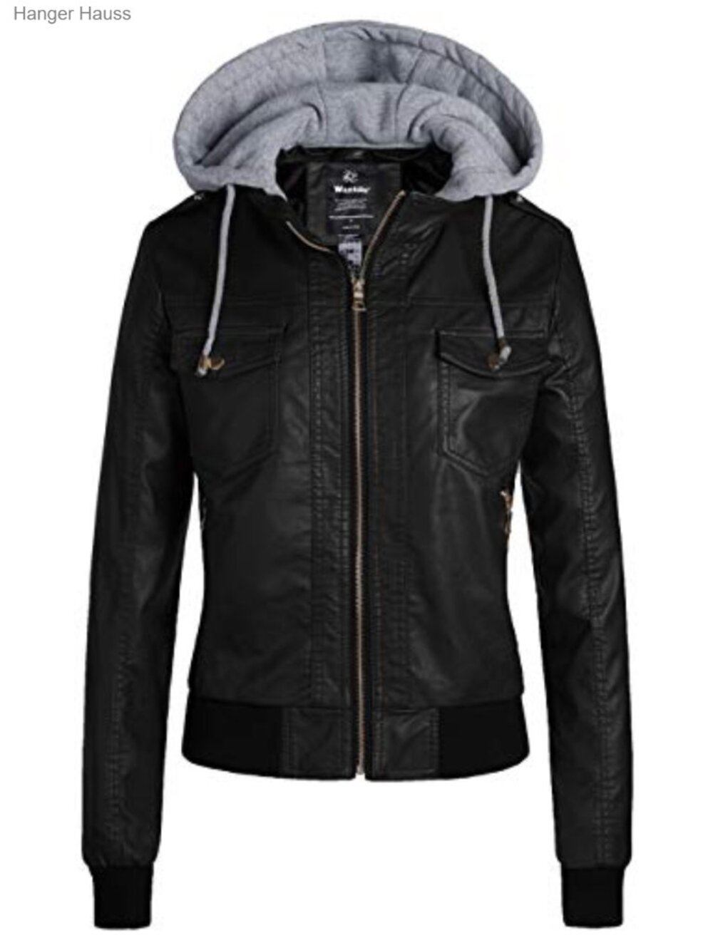 Faux Leather Moto Biker Jacket with Removable Hood, PU Motorcycle Coat